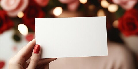 Obraz premium Close-up of a woman's hand holding a white blank card, with red nails, roses, and a heart-shaped box in the background, creating a Valentine's Day theme.