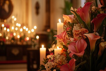 A tranquil Good Friday service in a candlelit church with floral arrangements