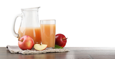 Tasty apple juice and fresh fruits on wooden table against white background
