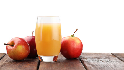 Tasty apple juice and fresh fruits on wooden table against white background