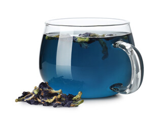 Fresh butterfly pea flower tea in cup and dry petals isolated on white