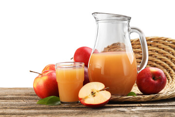 Tasty apple juice and fresh fruits on wooden table against white background