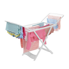 Drying rack with fresh clean laundry on white background