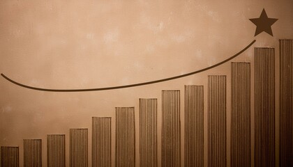 Obraz premium 갈색 톤의 빈티지 배경 위에 깔끔하게 그려진 상승 그래프, 선 끝에 작은 별이 반짝임