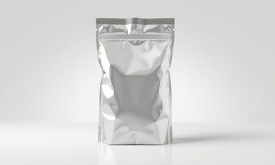 shiny foil pouch mockup on clean surface, ideal for packaging products. This versatile design can be used for snacks, coffee, or other food items
