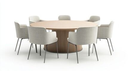 Round Wooden Conference Table with Upholstered Chairs - Modern Design