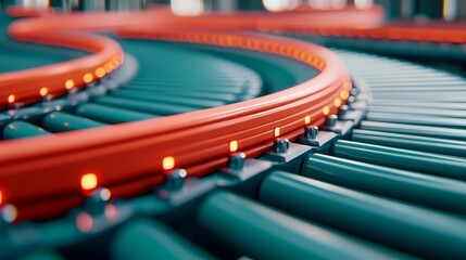 A close-up of a modern conveyor belt system with vibrant red curves and illuminated sections, showcasing an industrial design.