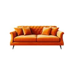Fototapeta premium 3D orange sofa featuring a bold color and accent cushions, designed to bring warmth and a touch of modern elegance to any living space. Isolated on transparent background, png.