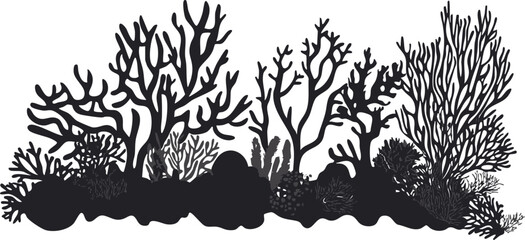 Stylized Silhouette of Coral Reef: Black outlines showcasing intricate marine life forms ideal for design or educational use.