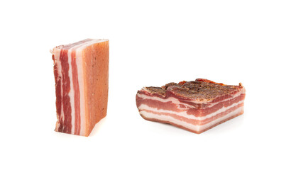 Cured carbonara pork isolated, raw smoked bacon, streaky brisket on white background