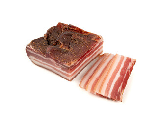 Cured carbonara pork isolated, raw smoked bacon, streaky brisket on white background