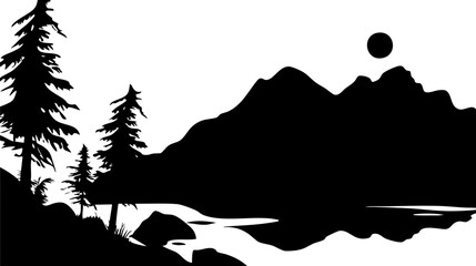 Vector illustration of a serene mountain landscape with silhouetted trees and sun, ideal for nature-themed projects.