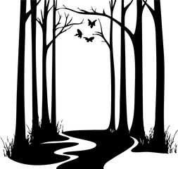 Vector illustration of a serene forest silhouette with flowing river, trees, and birds; ideal for nature-themed designs.