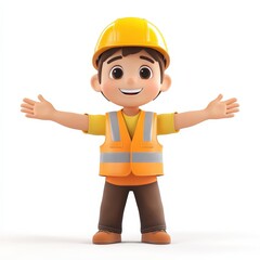 A cartoon boy wearing a yellow vest and a hard hat is smiling and waving