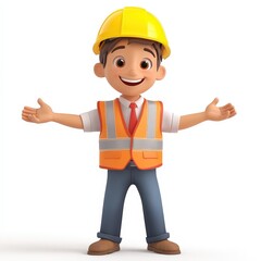 A cartoon man in a yellow hard hat and orange vest is smiling