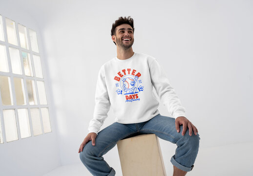Mockup Of Man In Customized Sweatshirt, Sitting