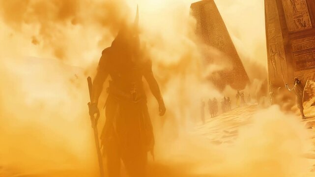 Anubis, the egyptian deity, unleashes a powerful sandstorm in the desert landscape