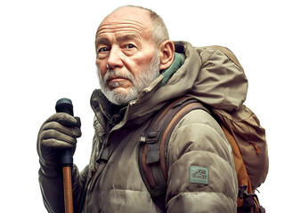 Obraz premium Elderly man in hiking gear, wearing a winter jacket and backpack, holding a walking stick, standing confidently with a thoughtful expression, against a clean white background, ready for adventure