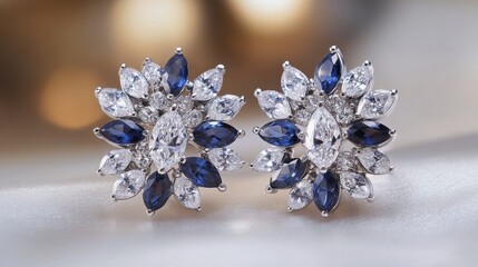 Fototapeta premium Cluster earrings with a central marquise-cut diamond surrounded by small sapphires, platinum setting, dazzling and bold generative ai