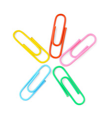 Colorful paper clips isolated on white, top view