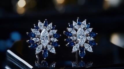 Cluster earrings with a central marquise-cut diamond surrounded by small sapphires, platinum setting, dazzling and bold generative ai