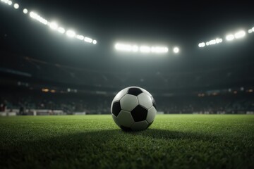 Fototapeta premium a soccer ball on the grass in front of a stadium