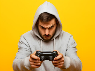 Focused young man in a hoodie intensely playing video games, holding a gaming controller, with a serious expression, set against a bold yellow background