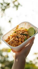 A hand holding Pad Thai takeout against a clean sky, showcasing food-on-the-go vibrancy.