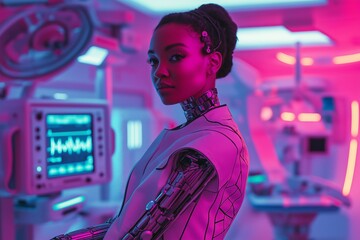 Obraz premium Retro-futuristic surgeon with cybernetic arm in neon-lit operating room