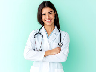 Fototapeta premium Confident female doctor wearing a white coat and stethoscope, smiling warmly with arms crossed, standing against a light turquoise background, radiating professionalism and trust in healthcare