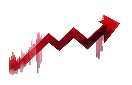 Red upward arrow graph showing rising trend, cut out