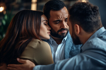 Obraz premium Support and caring in working relationship problems, bad news, Generative AI