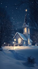 A tranquil winter night with a snow-covered church glowing softly under the moonlight