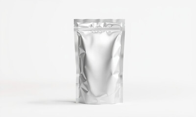 sleek, shiny foil pouch mockup on clean background, perfect for packaging design. This versatile packaging can be used for various products