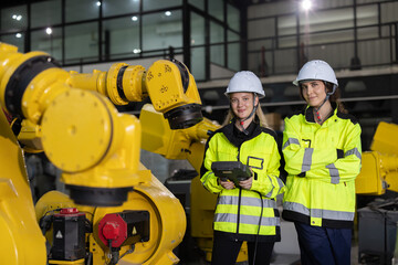 Caucasian workers in a bright yellow safety jacket and helmet controls an industrial robot arm in a factory