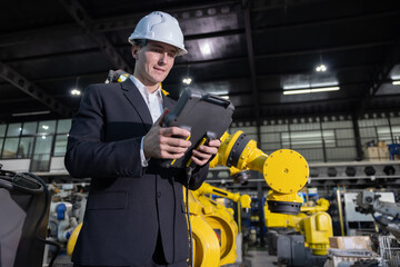 Caucasian engineer inspecting robotic arms in a manufacturing facility