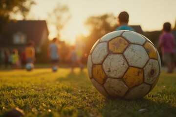 soccer ball on grass with children playing in the background