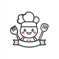 A cartoon chef with spatulas and banner, cooking, for use in menus and cooking guides