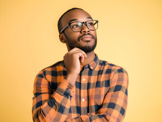 Fototapeta premium Young man in plaid shirt and glasses, thinking deeply, pondering expression, casual yellow background