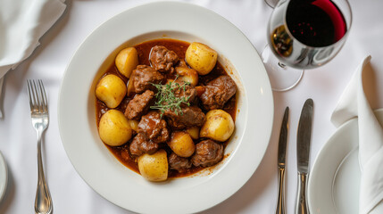 Top view of beef goulash, wine, and side dishes styled on a white linen table.