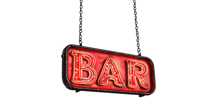 Red neon bar sign hanging on chains isolated on transparent background