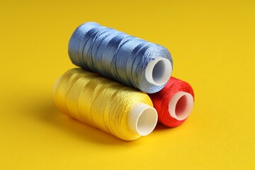Different spools of sewing threads on yellow background, closeup