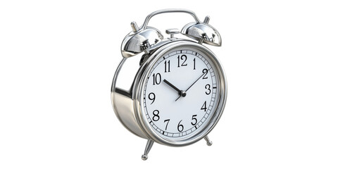 Vintage silver alarm clock showing 10:10 isolated on transparent background