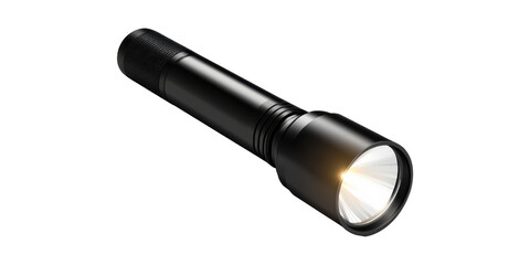 Black flashlight with light beam isolated on transparent background