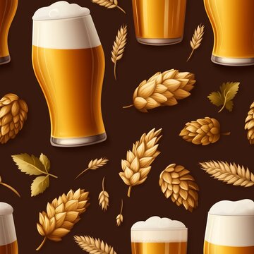 Glasses of frothy light beer surrounded by golden barley and hops on a dark patterned background