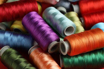 Different spools of sewing threads as background, closeup
