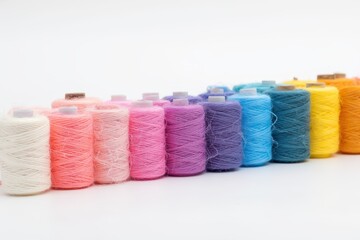 a row of spools of different colored thread
