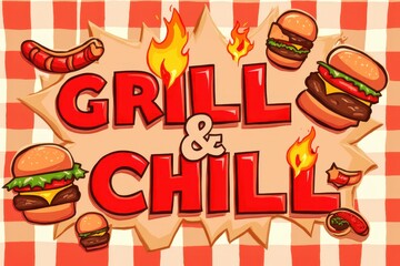 grill and chill logo with hamburgers and hot dogs