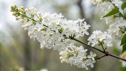 Close-up of white lilac blooms clustered at the end of a slender branch, flower detail, white lilac, delicate white flowers, botanical focus, stem isolation