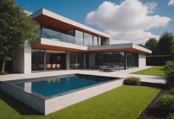 Fototapeta premium A modern house with a swimming pool in the spacious backyard